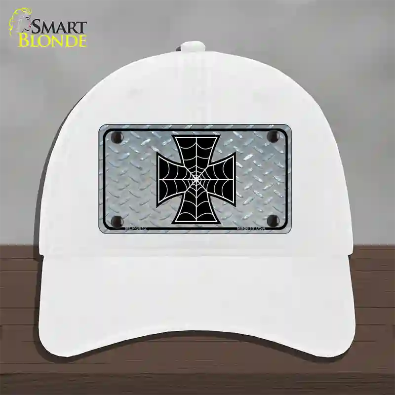 Maltese Cross Spider Web Novelty License Plate Hat Unconstructed Cotton / White