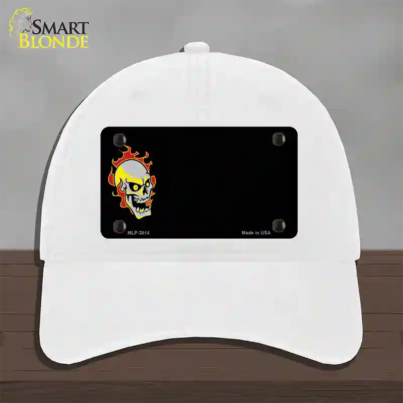 Flaming Skull Offset Novelty License Plate Hat Unconstructed Cotton / White