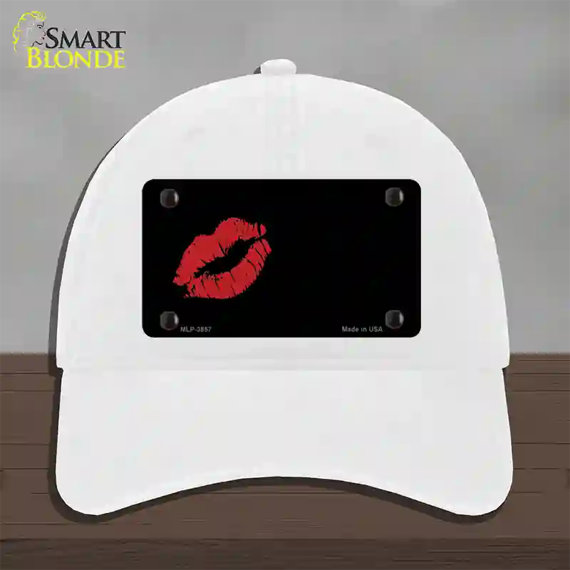 Red Lips Offset Novelty License Plate Hat Unconstructed Cotton / White