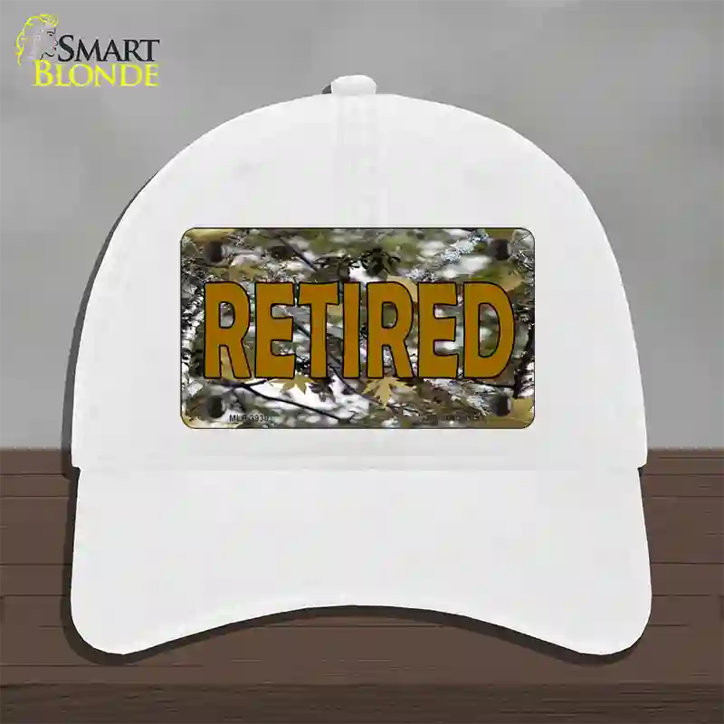 Retired Camouflage Novelty License Plate Hat Unconstructed Cotton / White