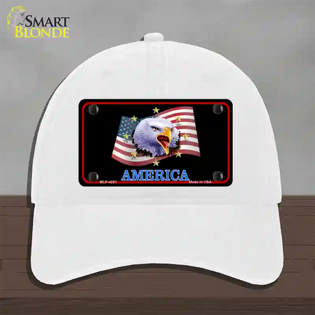 Waving Flag Bald Eagle Black Novelty License Plate Hat Unconstructed Cotton / White