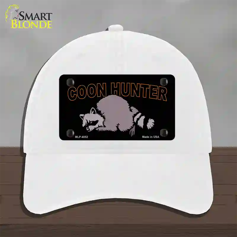 Coon Hunter Novelty License Plate Hat Unconstructed Cotton / White