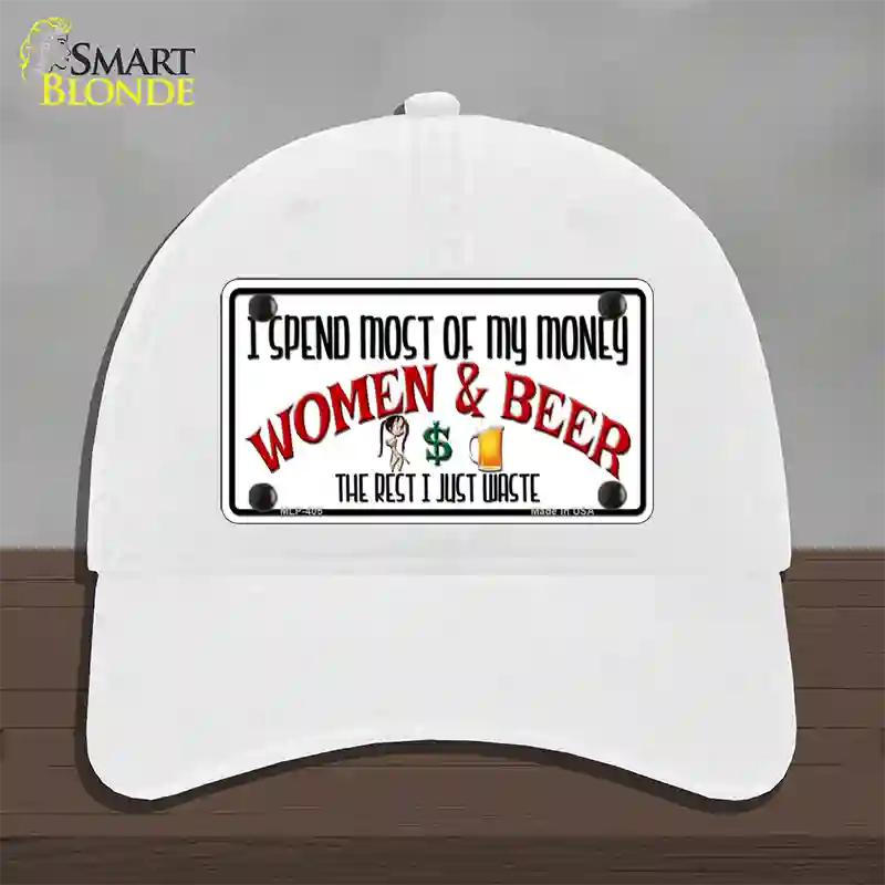 Money On Women And Beer Novelty License Plate Hat Unconstructed Cotton / White