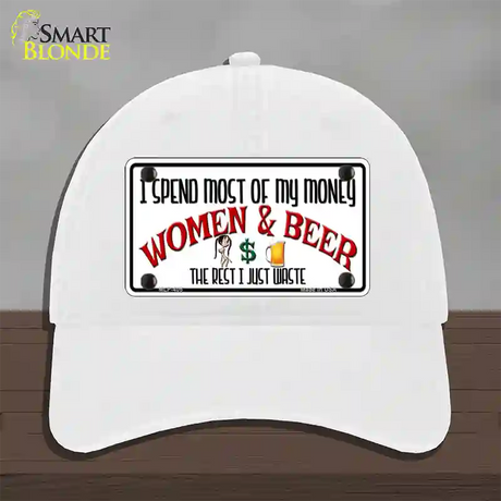 Money On Women And Beer Novelty License Plate Hat Unconstructed Cotton / White