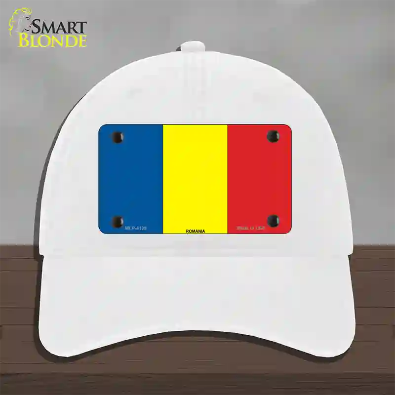 Romania Flag Novelty License Plate Hat Unconstructed Cotton / White