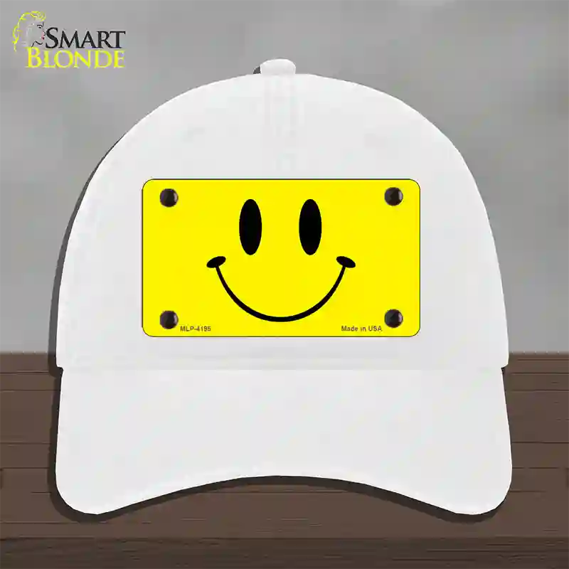 Happy Face Novelty License Plate Hat Unconstructed Cotton / White