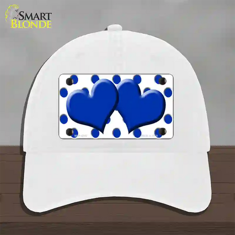 Blue White Polka Dot Blue Centered Hearts Novelty License Plate Hat Unconstructed Cotton / White