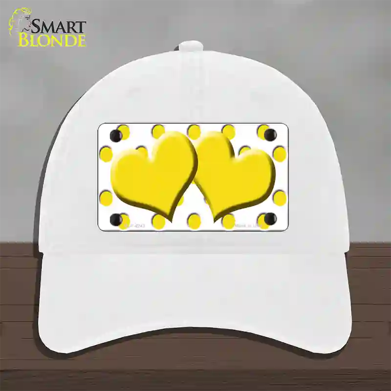 Yellow White Polka Dot Yellow Centered Hearts Novelty License Plate Hat Unconstructed Cotton / White