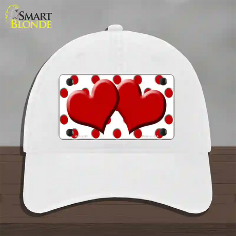 Red White Polka Dot Red Centered Hearts Novelty License Plate Hat Unconstructed Cotton / White