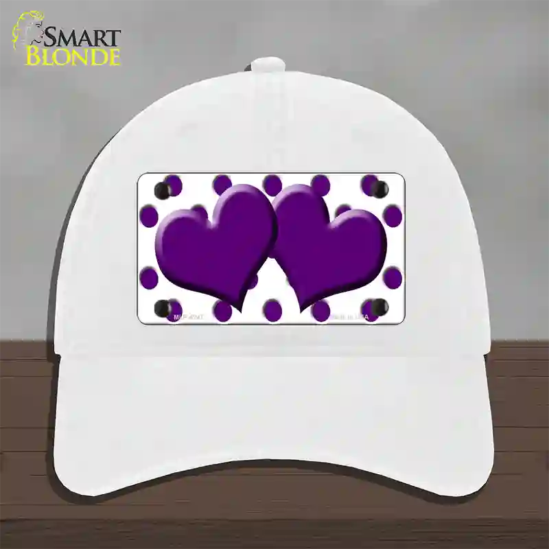 Purple White Polka Dot Purple Centered Hearts Novelty License Plate Hat Unconstructed Cotton / White