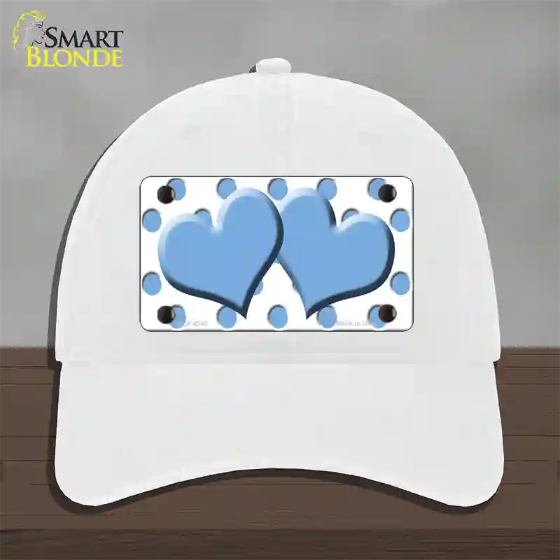 Light Blue White Polka Dot Light Blue Centered Hearts Novelty License Plate Hat Unconstructed Cotton / White