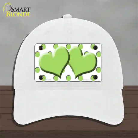 Lime Green White Polka Dot Lime Green Centered Hearts Novelty License Plate Hat Unconstructed Cotton / White