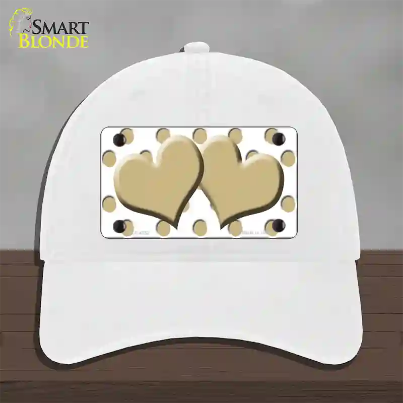 Gold White Polka Dot Gold Centered Hearts Novelty License Plate Hat Unconstructed Cotton / White