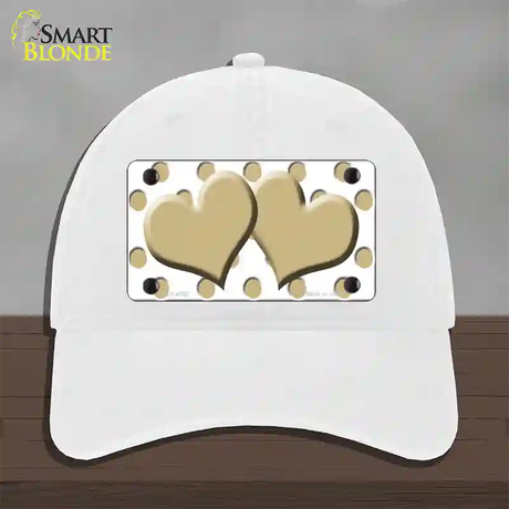 Gold White Polka Dot Gold Centered Hearts Novelty License Plate Hat Unconstructed Cotton / White