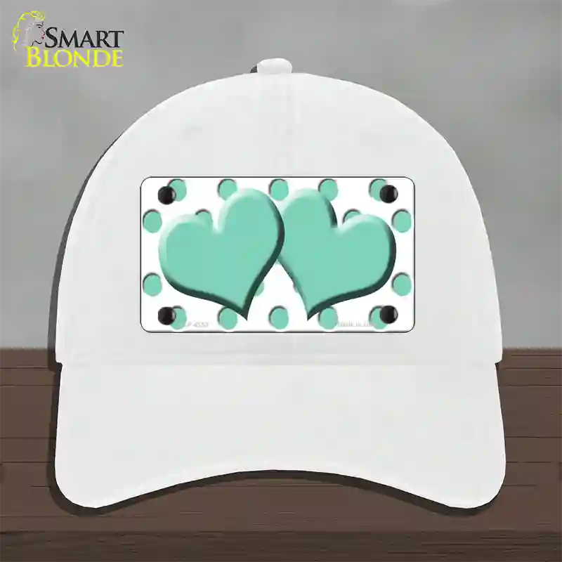 Mint White Polka Dot Mint Centered Hearts Novelty License Plate Hat Unconstructed Cotton / White