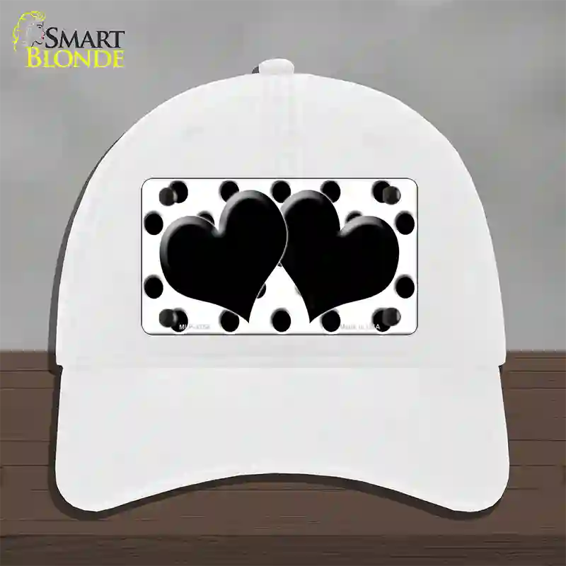 Black White Polka Dot Black Centered Hearts Novelty License Plate Hat Unconstructed Cotton / White