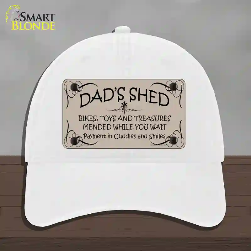 Dads Shed Novelty License Plate Hat Unconstructed Cotton / White