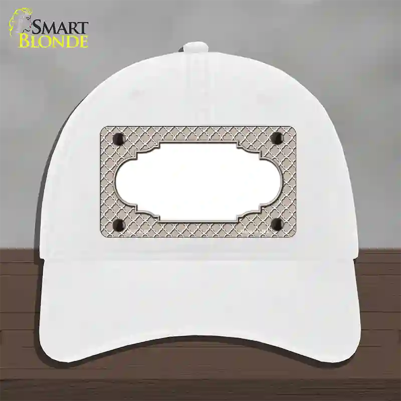 Tan White Quatrefoil Center Scallop Novelty License Plate Hat Unconstructed Cotton / White