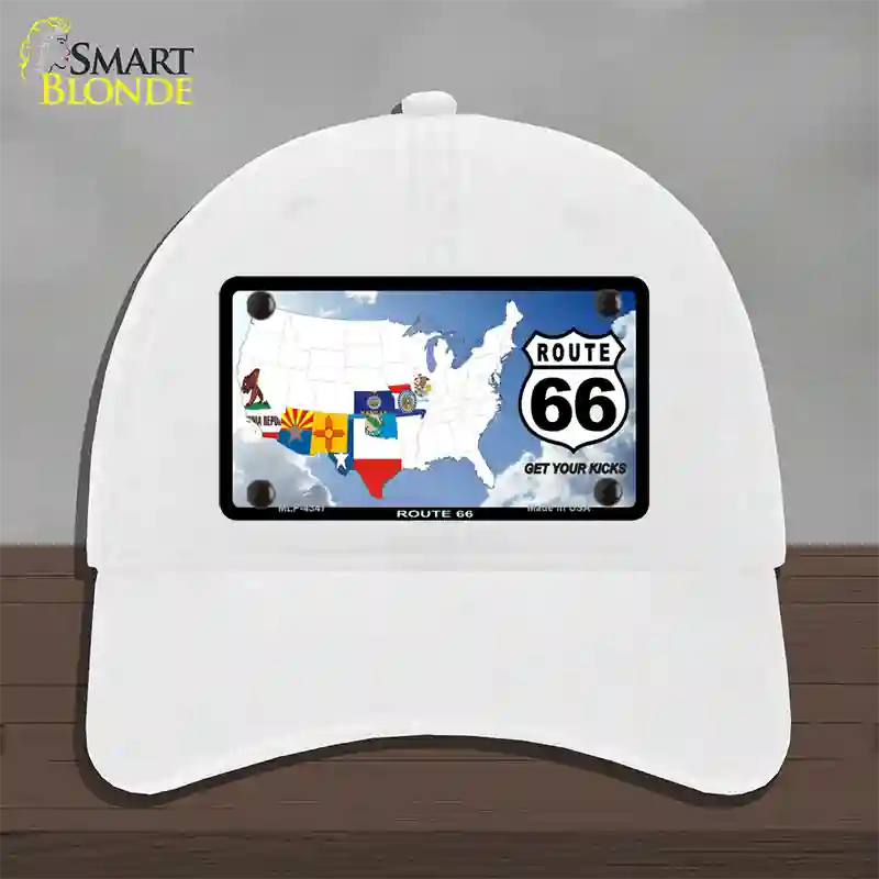 Route 66 8 Flags Clouds Novelty License Plate Hat Unconstructed Cotton / White