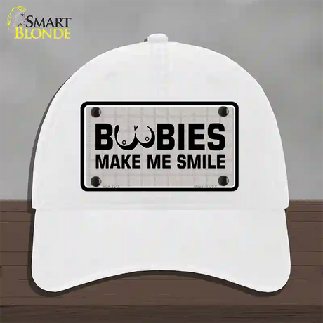 Boobies Make Me Smile Novelty License Plate Hat Unconstructed Cotton / White