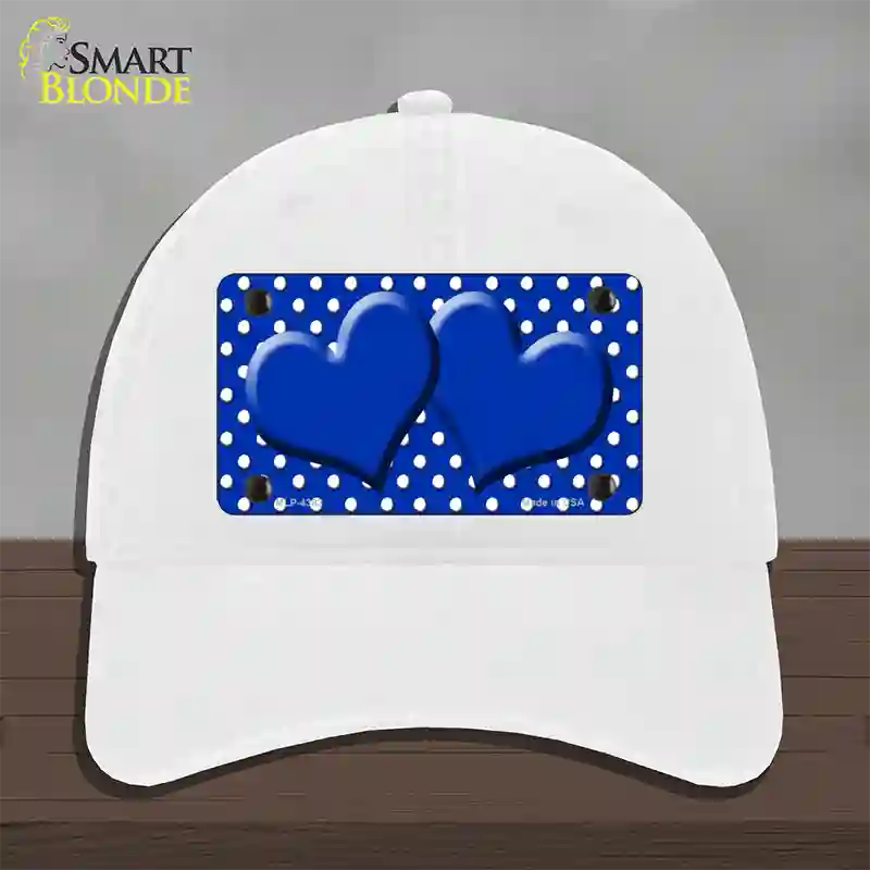 Blue White Polka Dot Center Hearts Novelty License Plate Hat Unconstructed Cotton / White