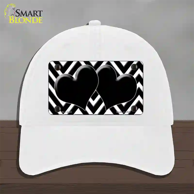 Black White Large Chevron Black Center Hearts Novelty License Plate Hat Unconstructed Cotton / White