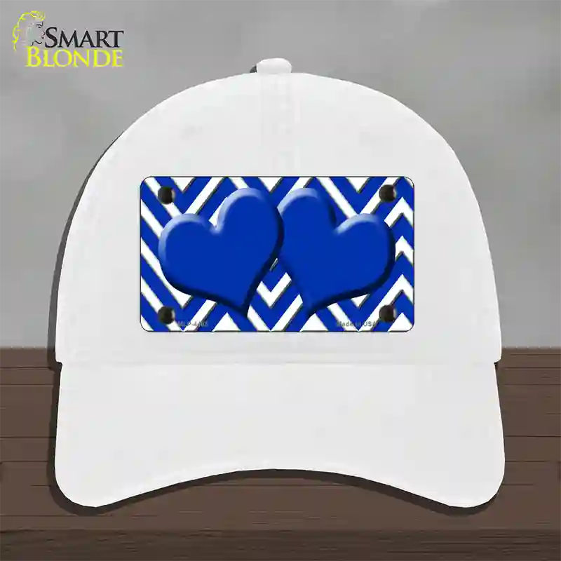 Blue White Large Chevron Blue Center Hearts Novelty License Plate Hat Unconstructed Cotton / White