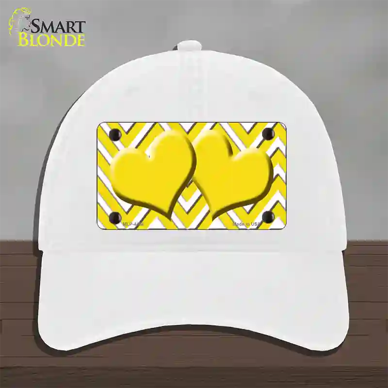 Yellow White Large Chevron Yellow Center Hearts Novelty License Plate Hat Unconstructed Cotton / White