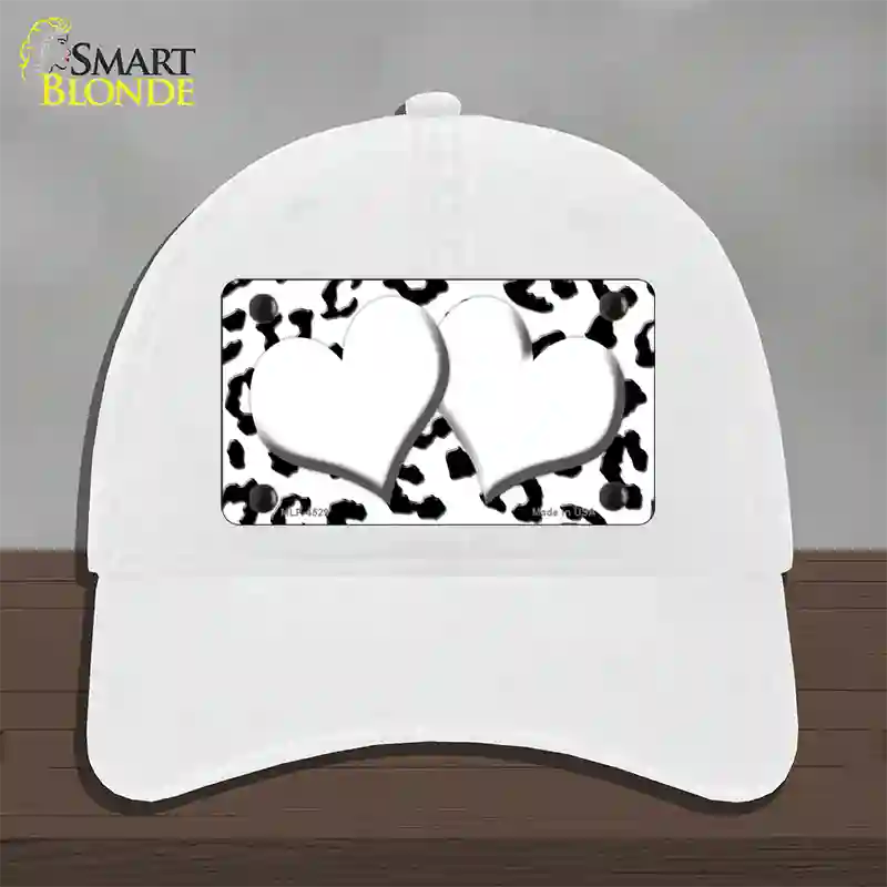 White Black Cheetah White Center Hearts Novelty License Plate Hat Unconstructed Cotton / White