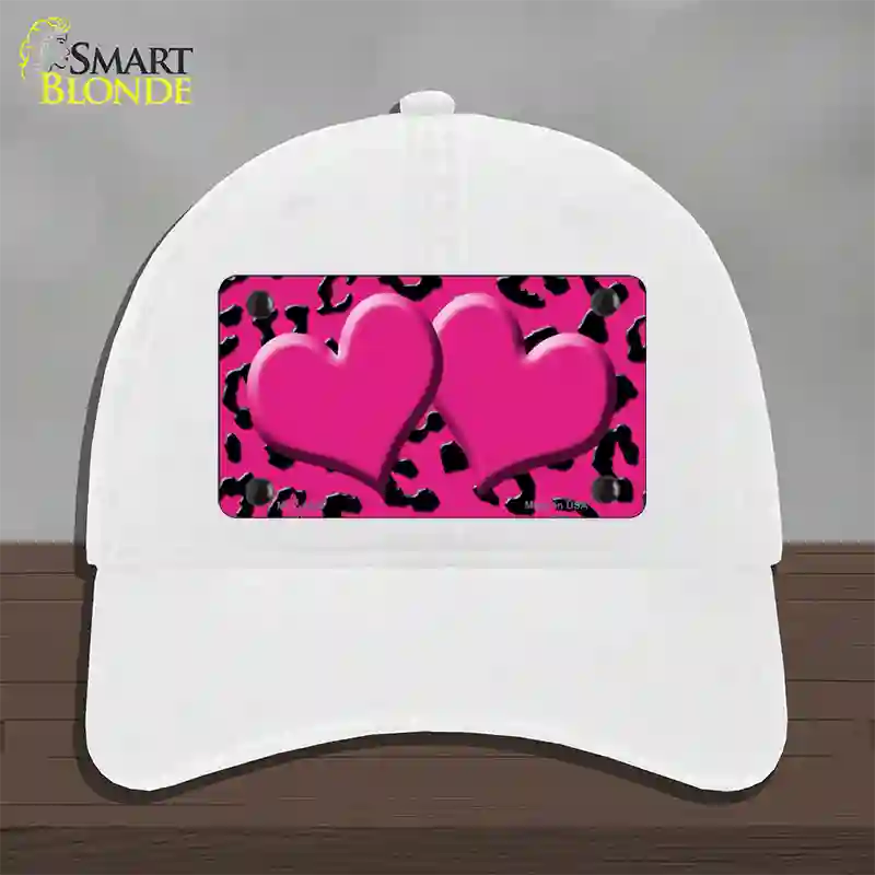 Pink Black Cheetah Pink Center Hearts Novelty License Plate Hat Unconstructed Cotton / White