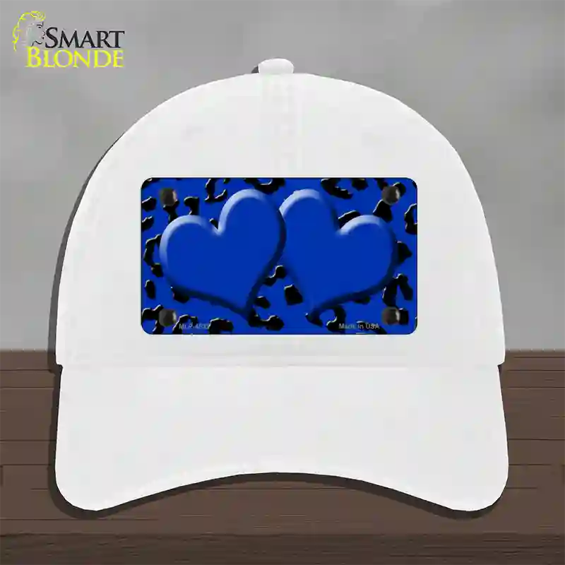 Blue Black Cheetah Blue Center Hearts Novelty License Plate Hat Unconstructed Cotton / White