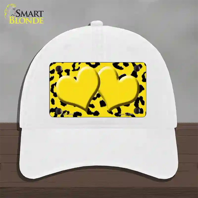 Yellow Black Cheetah Yellow Center Hearts Novelty License Plate Hat Unconstructed Cotton / White