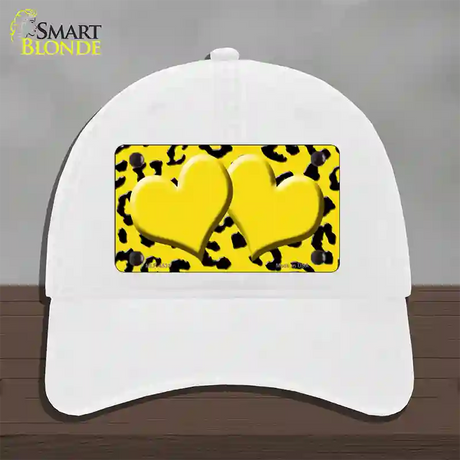 Yellow Black Cheetah Yellow Center Hearts Novelty License Plate Hat Unconstructed Cotton / White