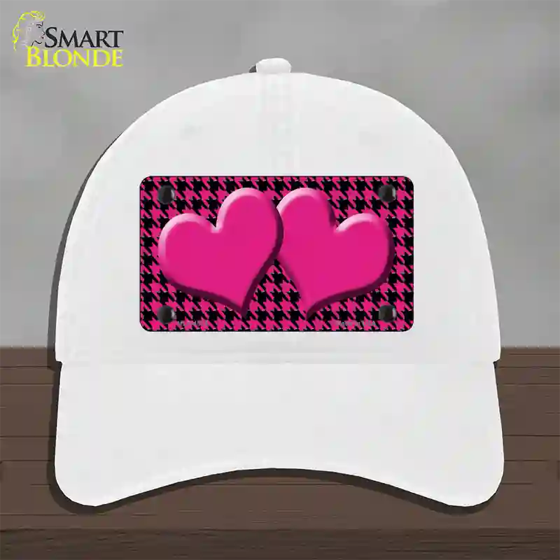 Pink Black Houndstooth Pink Center Hearts Novelty License Plate Hat Unconstructed Cotton / White