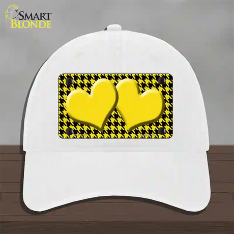 Yellow Black Houndstooth Yellow Center Hearts Novelty License Plate Hat Unconstructed Cotton / White