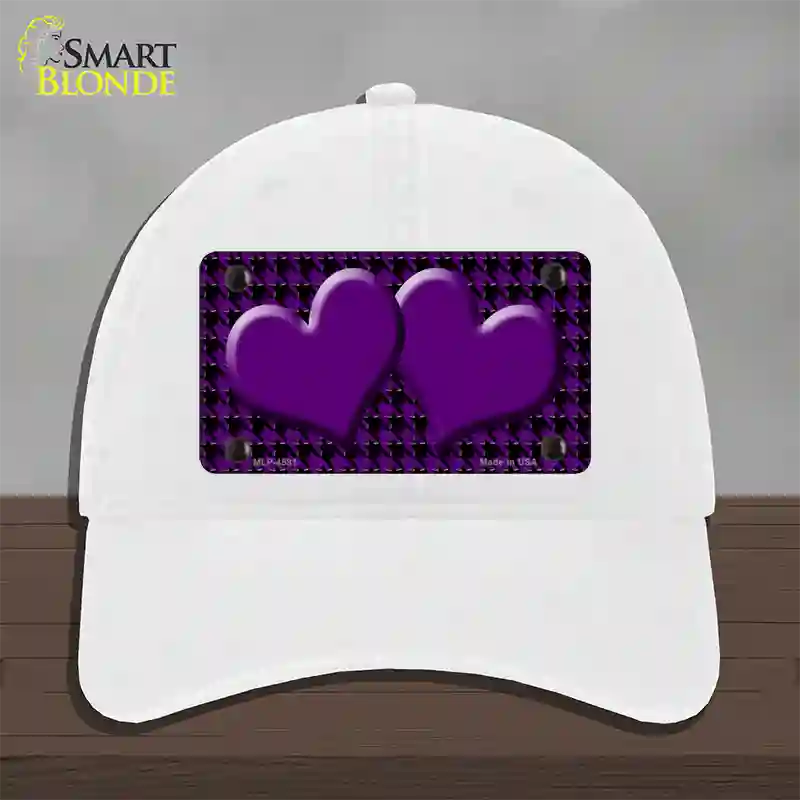 Purple Black Houndstooth Purple Center Hearts Novelty License Plate Hat Unconstructed Cotton / White