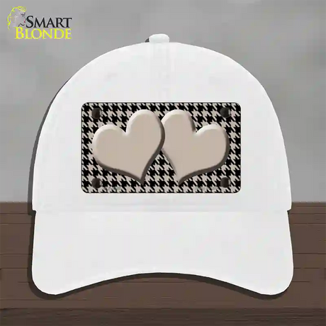 Tan Black Houndstooth Tan Center Hearts Novelty License Plate Hat Unconstructed Cotton / White