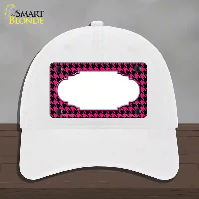 Pink Black Houndstooth Scallop Center Novelty License Plate Hat Unconstructed Cotton / White