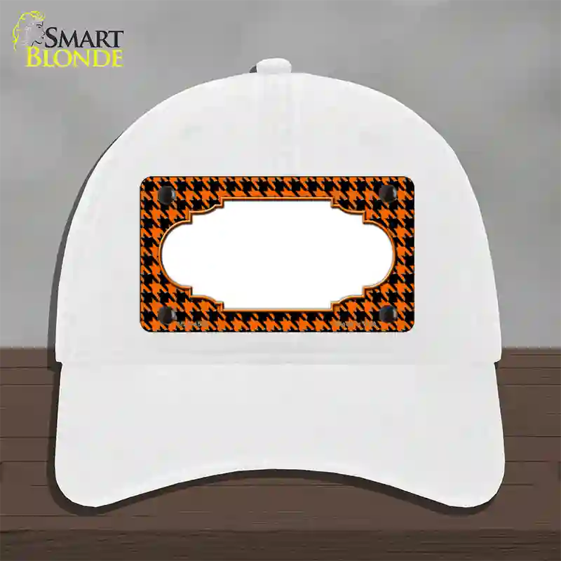 Orange Black Houndstooth Scallop Center Novelty License Plate Hat Unconstructed Cotton / White