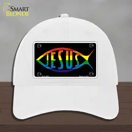 Jesus Fish Rainbow Novelty License Plate Hat Unconstructed Cotton / White