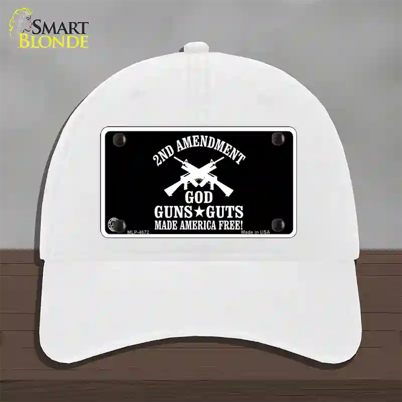 God, Guns, Guts Novelty License Plate Hat Unconstructed Cotton / White