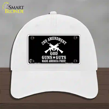 God, Guns, Guts Novelty License Plate Hat Unconstructed Cotton / White