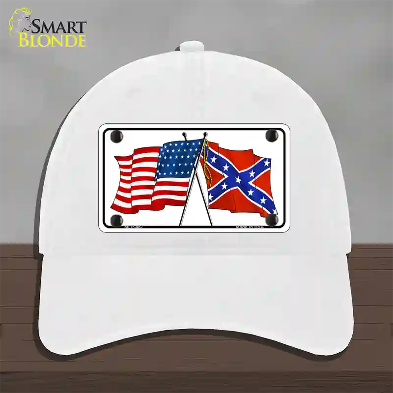 Confederate USA Crossed Flags Novelty License Plate Hat Unconstructed Cotton / White