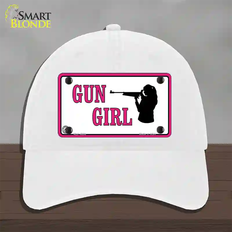 Gun Girl Novelty License Plate Hat Unconstructed Cotton / White