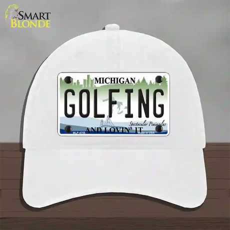 Golfing Michigan State Novelty License Plate Hat Unconstructed Cotton / White