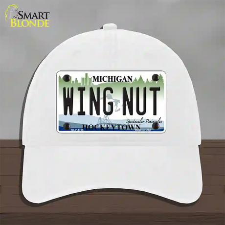 Wing Nut Michigan State Novelty License Plate Hat Unconstructed Cotton / White