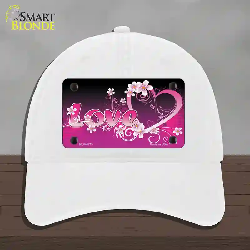 Love Heart And Flowers Novelty License Plate Hat Unconstructed Cotton / White