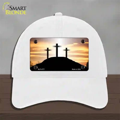 Three Crosses Sunset Novelty License Plate Hat Unconstructed Cotton / White