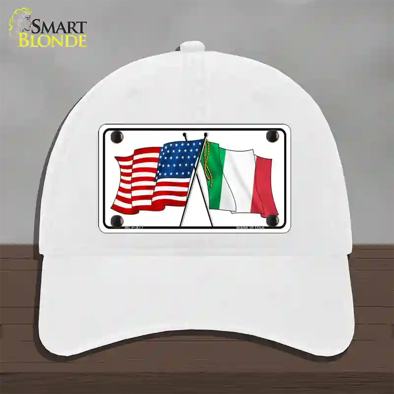 United States Italy Crossed Flags Novelty License Plate Hat Unconstructed Cotton / White