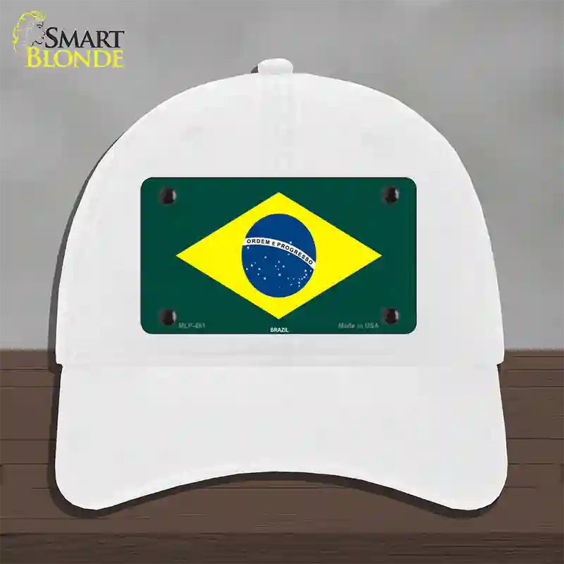 Brazil Flag Novelty License Plate Hat Unconstructed Cotton / White